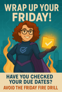Woman holding up file explorer icon saying wrap up your Friday